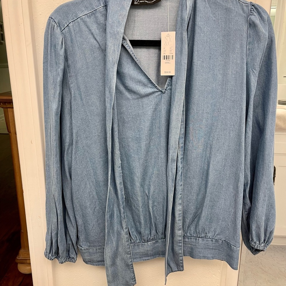 Adorable Chambray top with cinched waist and neck bow